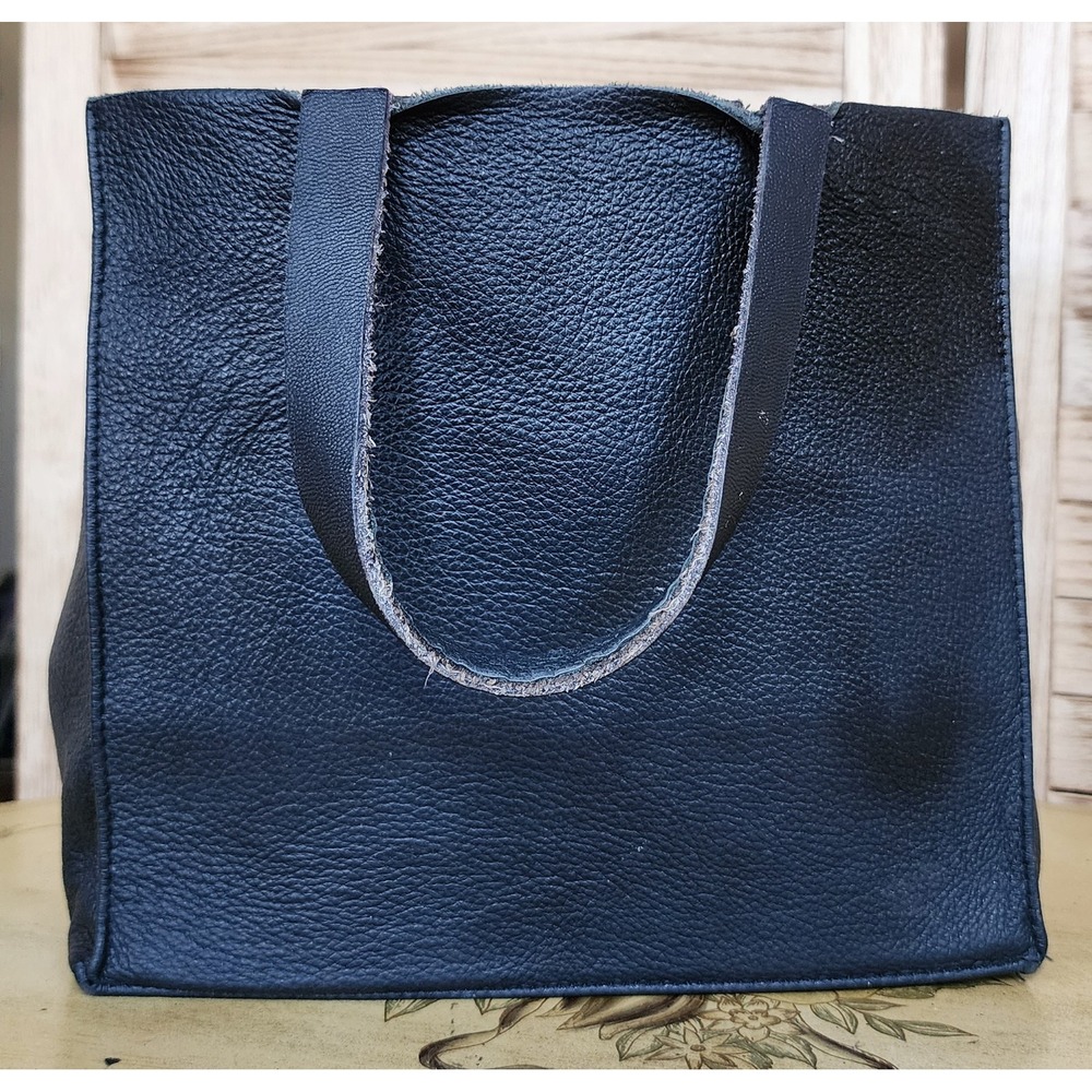 100% Leather Black Small Tote Bag Minimalist Professional Handbag Purse Casual